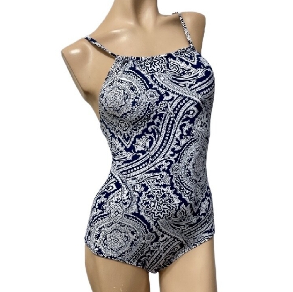 Michael Kors Halter One-Piece Swimsuit in Navy & White Paisley Print Sz 8
